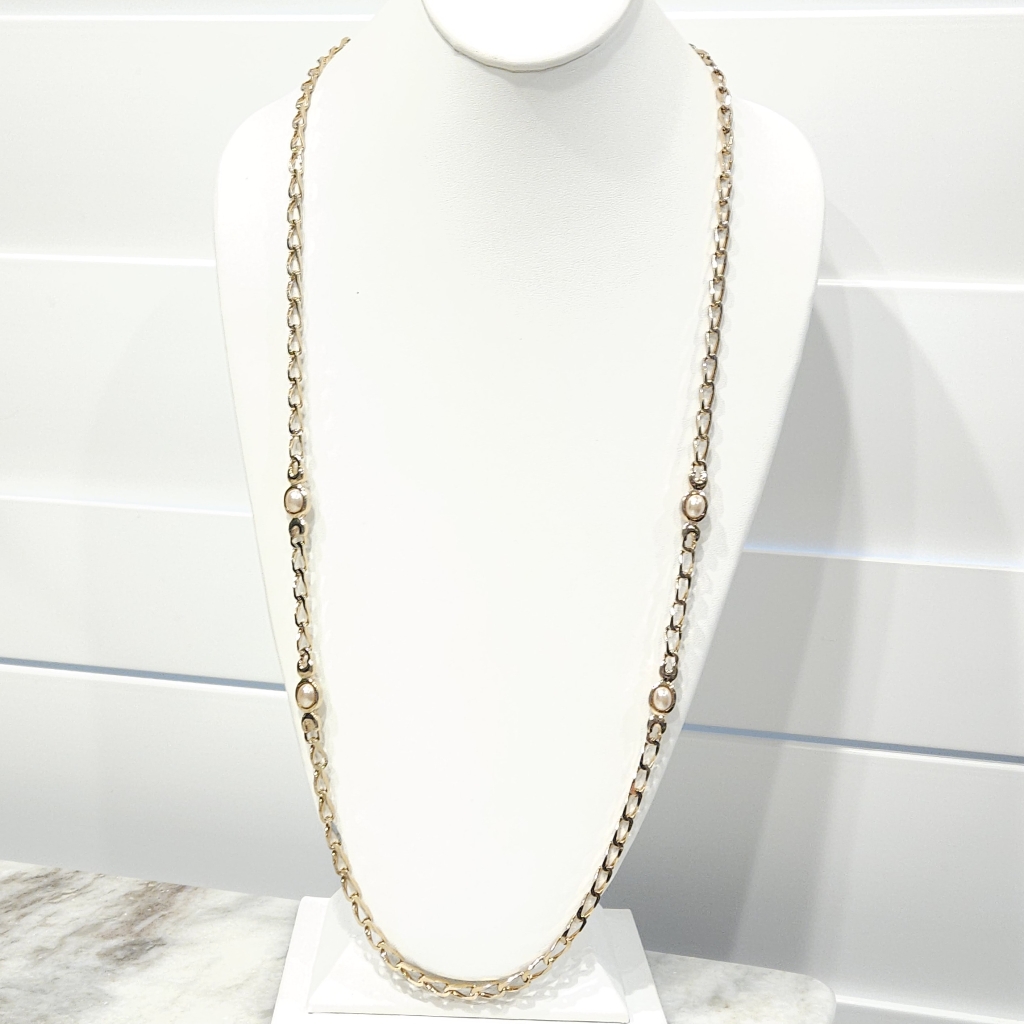 Vintage Dior Gold Faux White Pearl Long Chain Necklace Signed Chr Dior Germany 375$